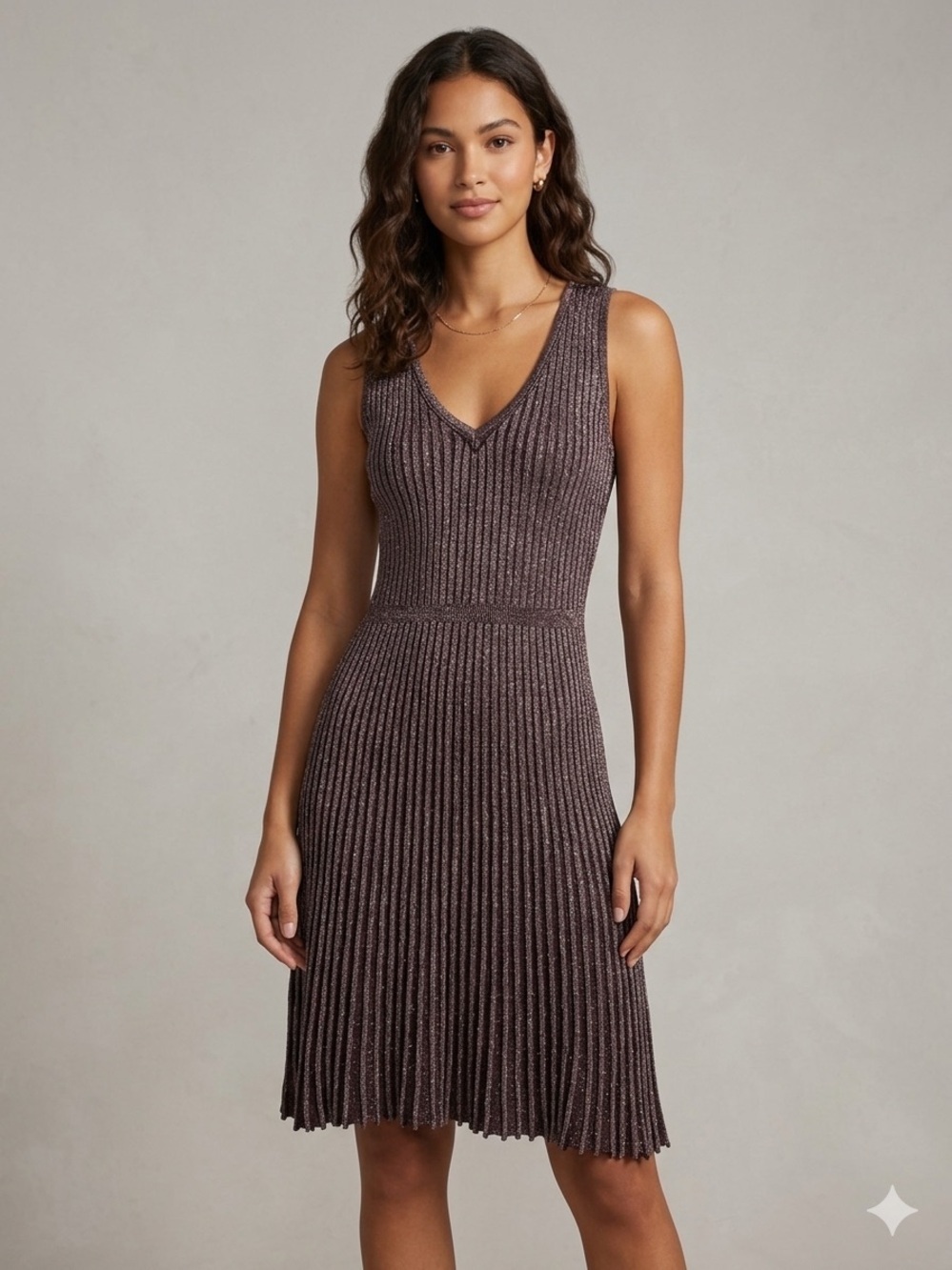 Taylor Metallic Rib Knit Fit & Flare Sweater Dress Plum Purple Shimmer Small